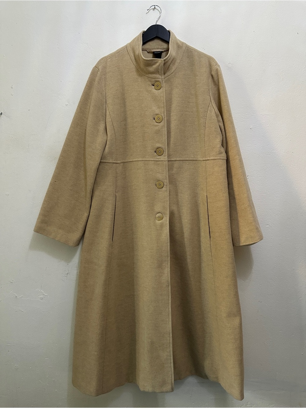 Eileen Fisher Womens L Beige Long Wool Blend Coat Stand Collar Button Front